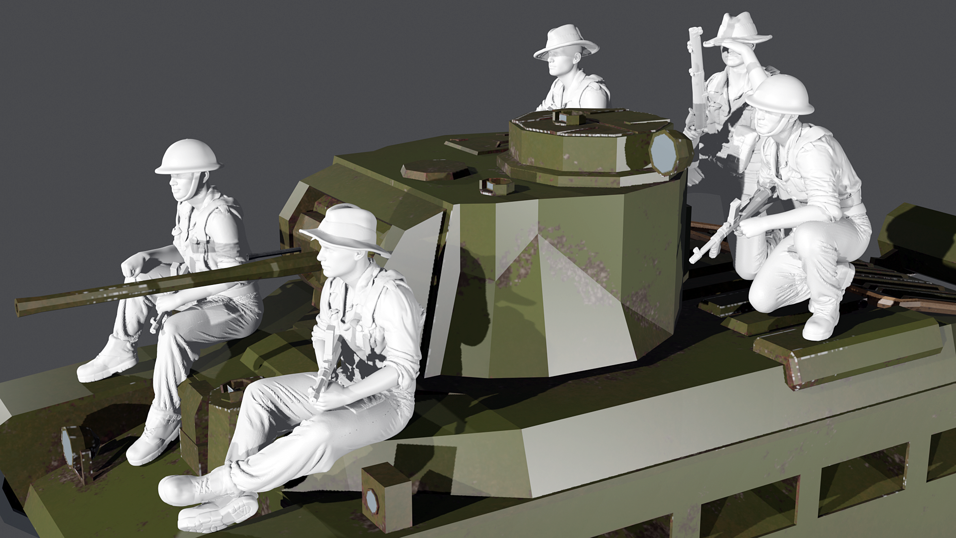 a group of statues of men sitting on top of a tank