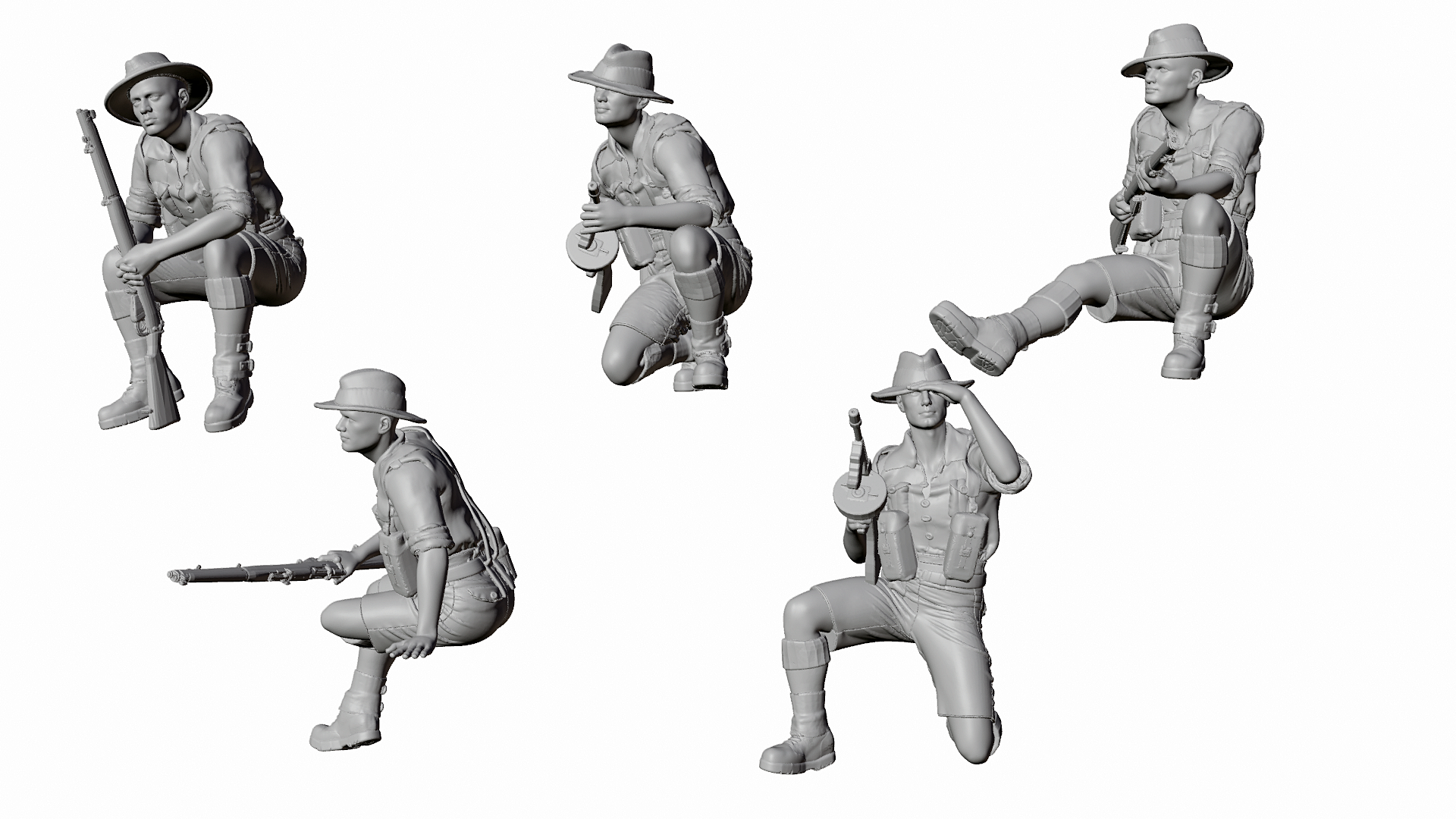 a set of four different poses of a man with a gun
